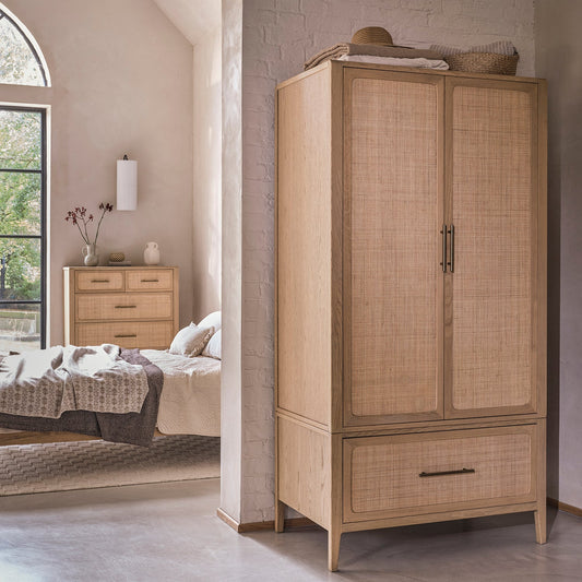 Casera Oak Contemporary Rattan Front French Wardrobe