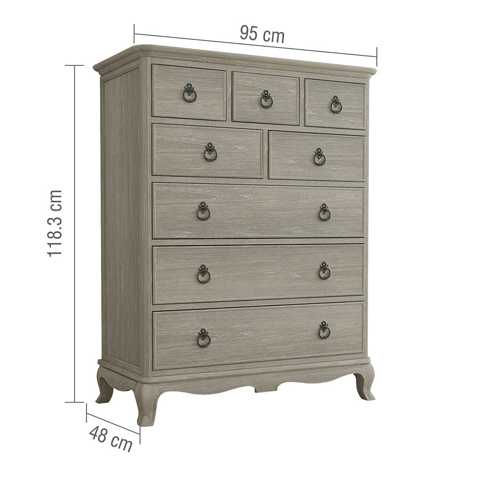 Dimensions for Camille French Oak 8 Drawer Chest