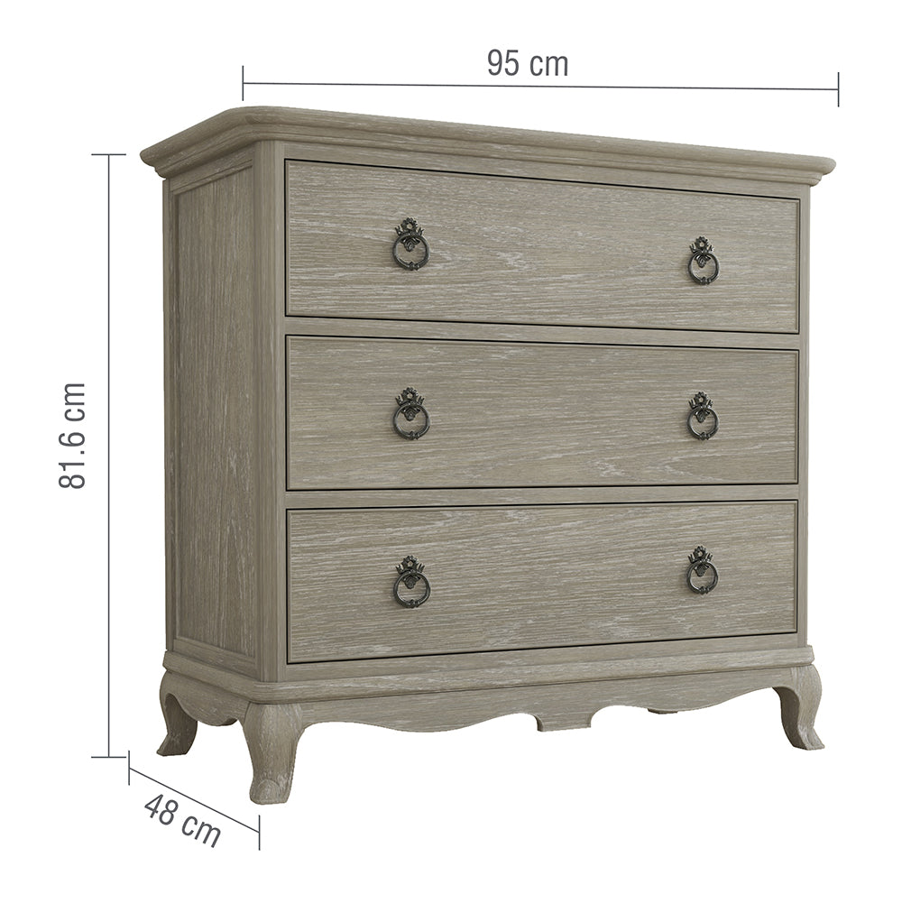 Dimensions for Camille Oak French 3 Drawer Chest