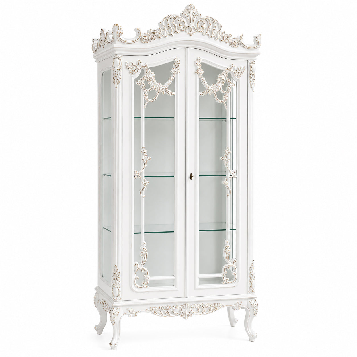 Louis French Heavily Carved 2 Door Display Cabinet - With Gold Highlights