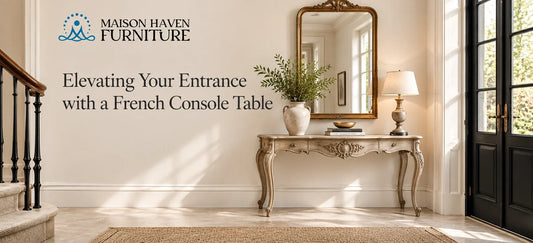 French-inspired entrance featuring a carved French console table, ornate gold mirror, decorative lamp, and greenery