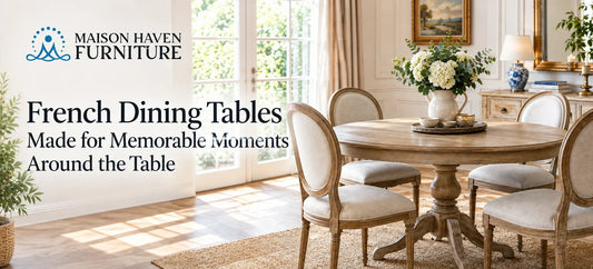 French dining table in an elegant French-style dining room at Maison Haven Furniture.