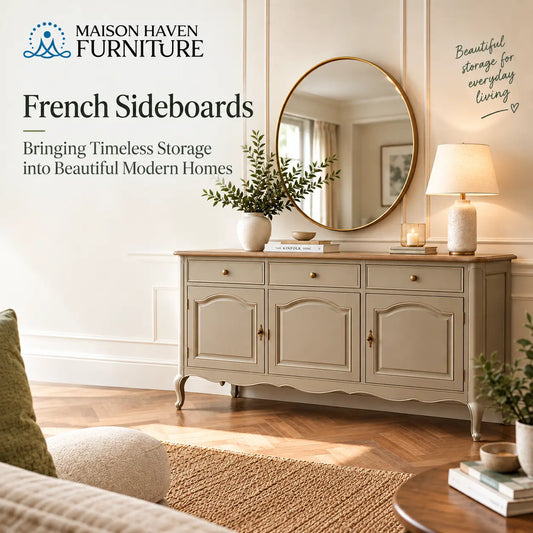 French sideboard in a modern elegant living room with a round mirror, lamp, vase, and decorative accents.