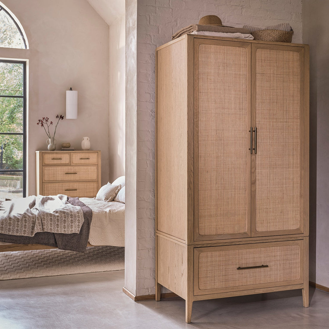 Casera Oak Contemporary Rattan Front French Wardrobe