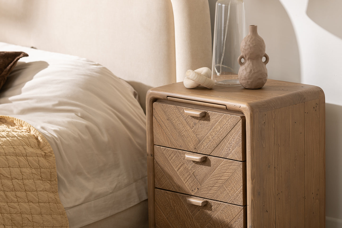 Atauro Reclaimed Small 3 Drawer Bedside Table - Closeup