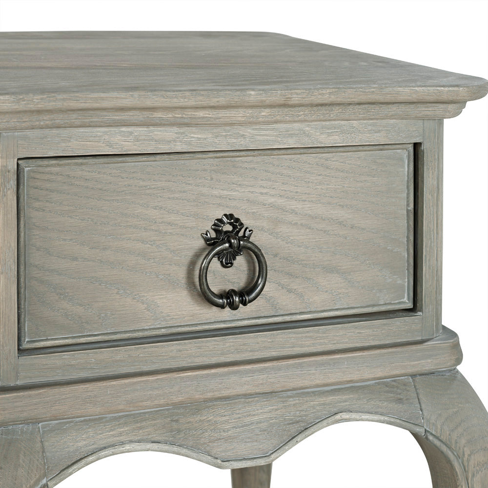 Close up of The Camille Oak French Bedside Table