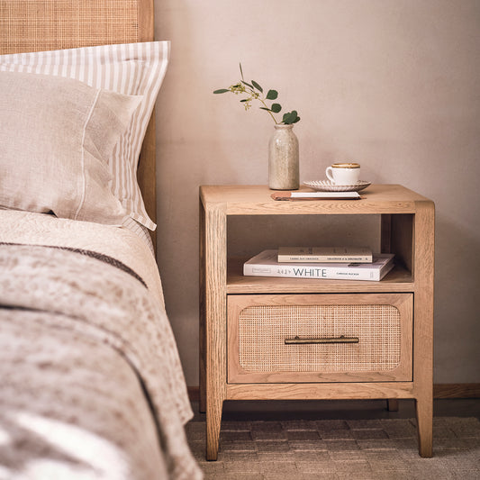 Willis Gambier Casera Oak Rattan Front Bedside Table