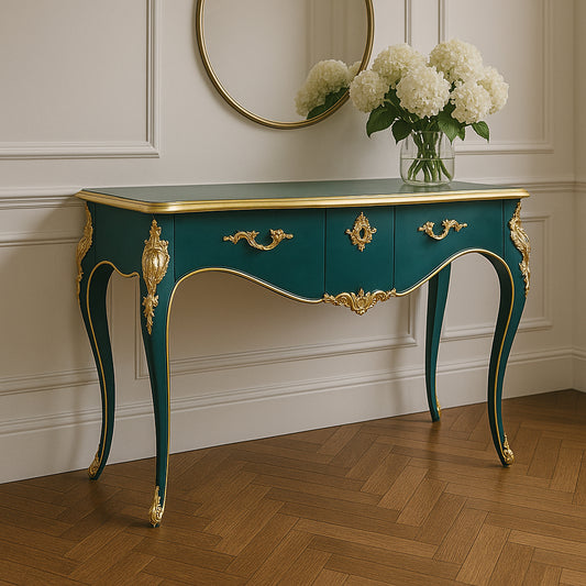Classic French 2 Drawer Turquoise Console Table