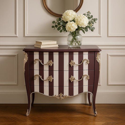 Classic French 2 Drawer Striped Burgundy Chest