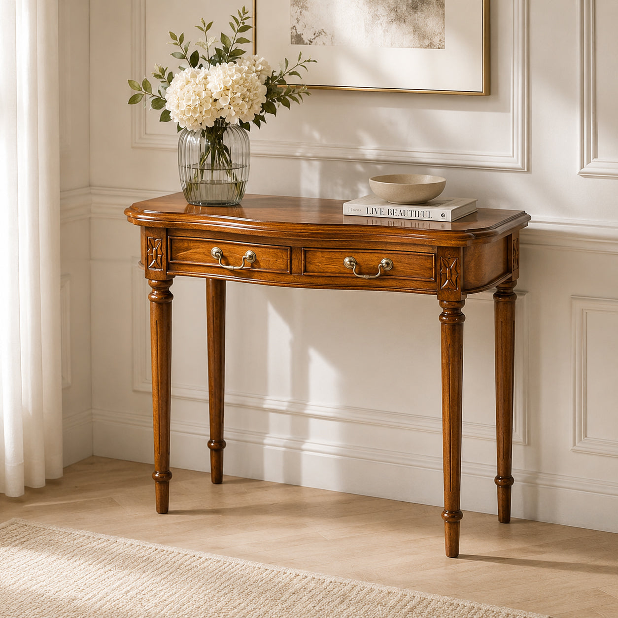 Classic French Console Table with 2 Drawers - Stained