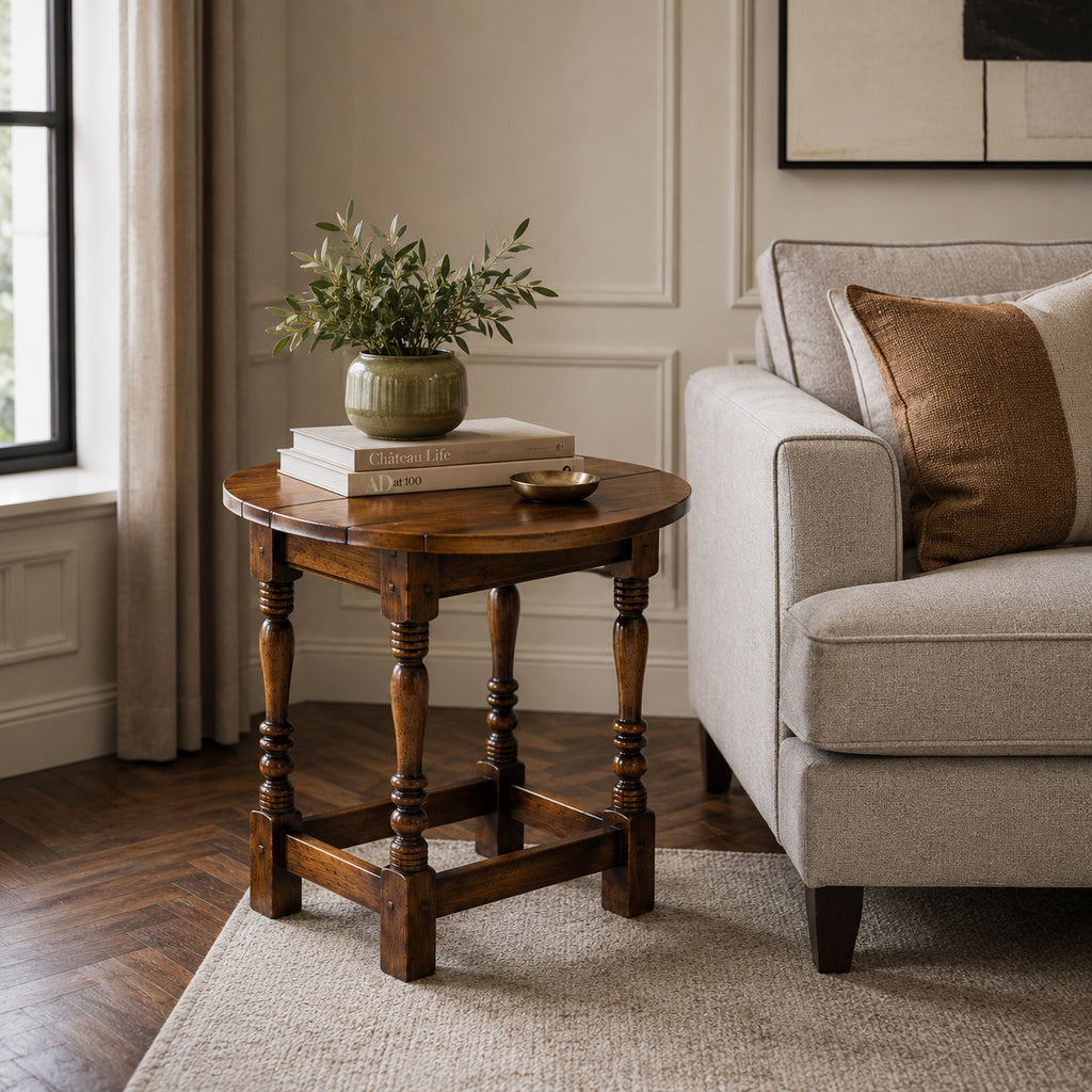 Dark Oak Swivel Top Side Table with Drop Leaves - Stained