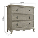 Dimensions for Camille Oak French 3 Drawer Chest