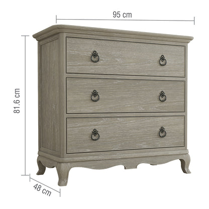 Dimensions for Camille Oak French 3 Drawer Chest