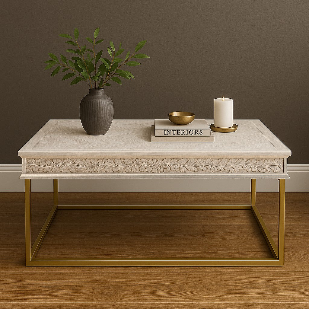 Florence Limed White Wooden Top Coffee Table with Gold Metal Legs