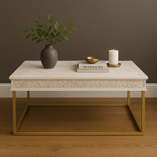 Florence Limed White Wooden Top Coffee Table with Gold Metal Legs