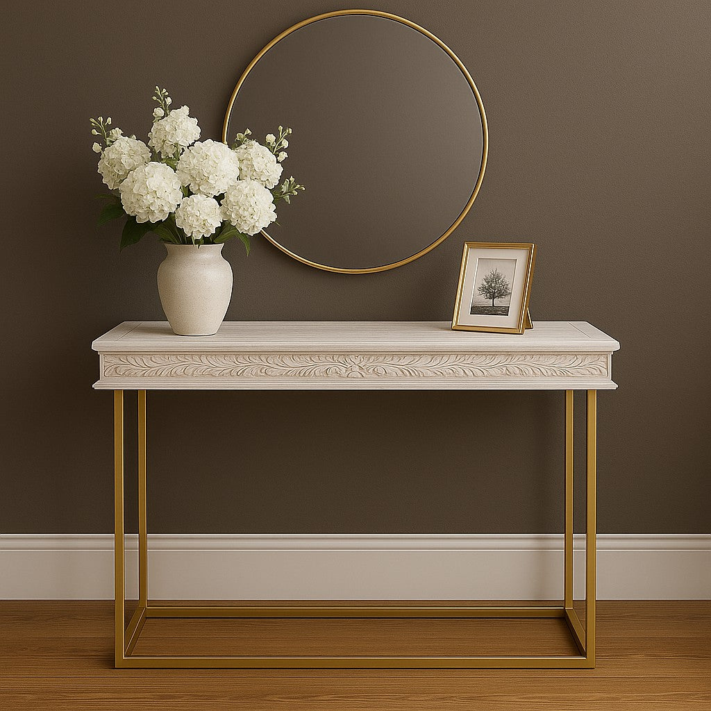 Florence Limed White Wood Top Console Table with Gold Metal Leg