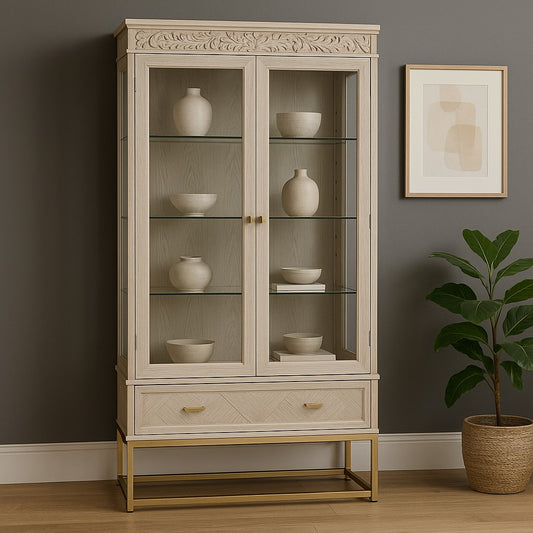 Florence Limed White Display Cabinet with Metal Gold Legs