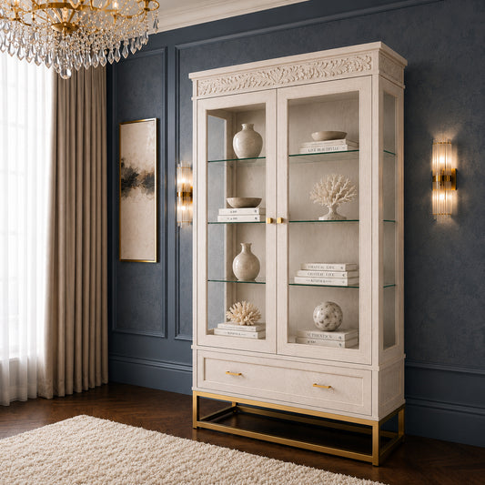 Florence Limed White Display Cabinet with Metal Gold Legs