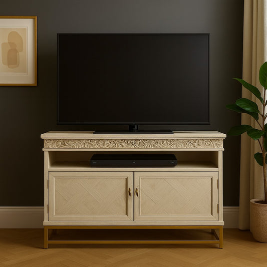 Florence Limed White TV Cabinet with Metal Gold Legs