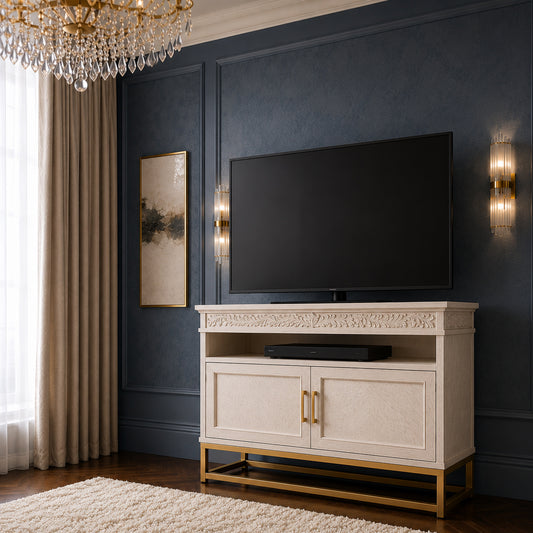Florence Limed White TV Cabinet with Metal Gold Legs - Lifestyle