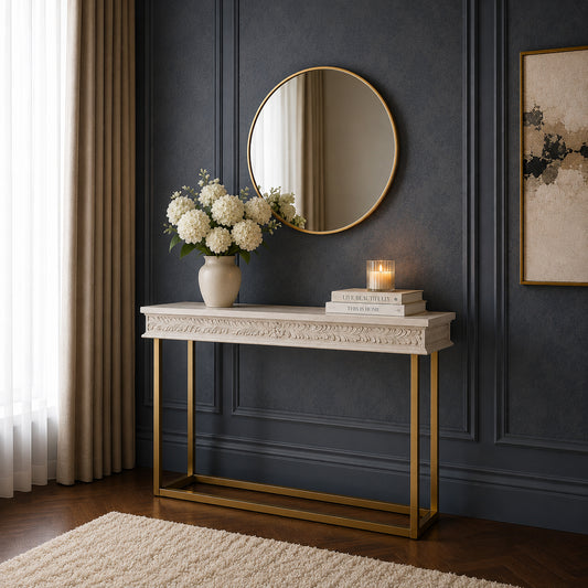 Florence Wooden Top Console Table with Gold Metal Legs - Lifestyle