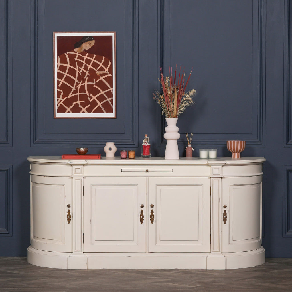 Distressed Ivory Large French Curved Sideboard