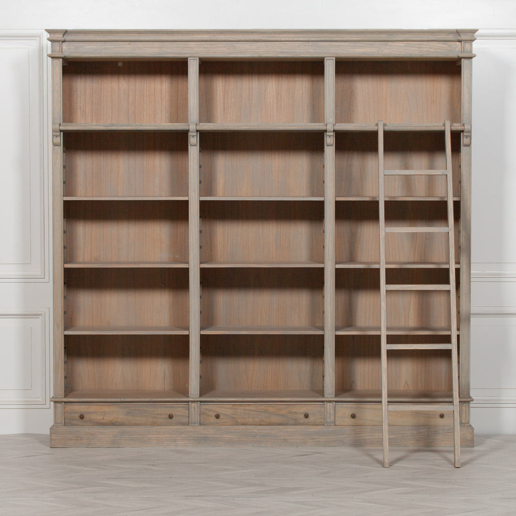 Large Rustic Wooden French Bookcase with Ladder