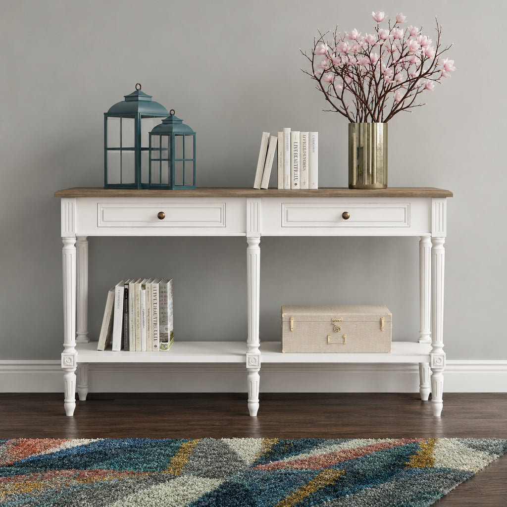 Helena French 2 Drawer Console Table with Rattan Shelf
