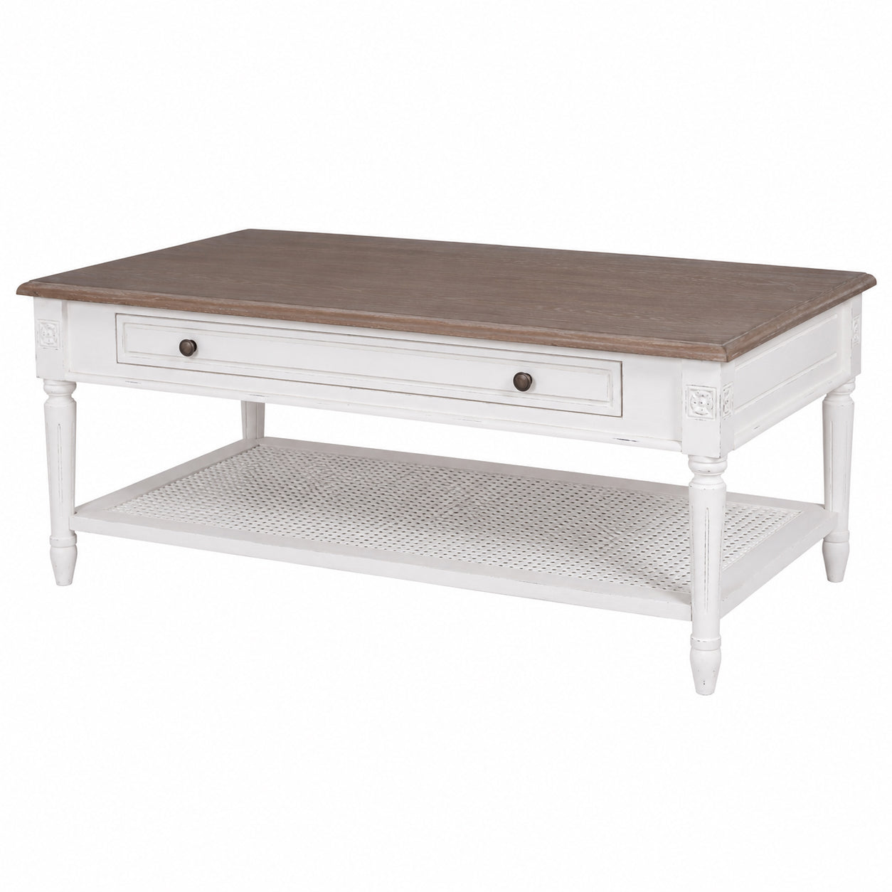 Helena French Coffee Table with Rattan Shelf