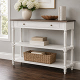 Helena French One Drawer Console Table with Rattan Shelf