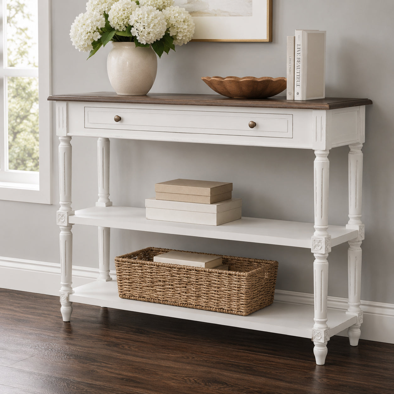 Helena French One Drawer Console Table with Rattan Shelf