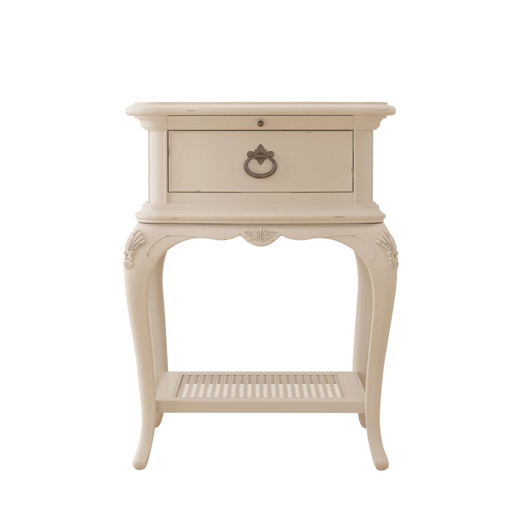 Ivory French Bedside Table with Rattan Shelf