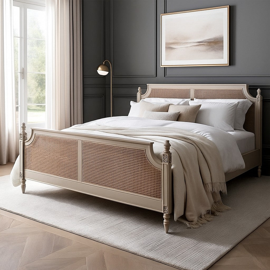 Louis Light Grey French Rattan Bed - Maison Haven Furniture