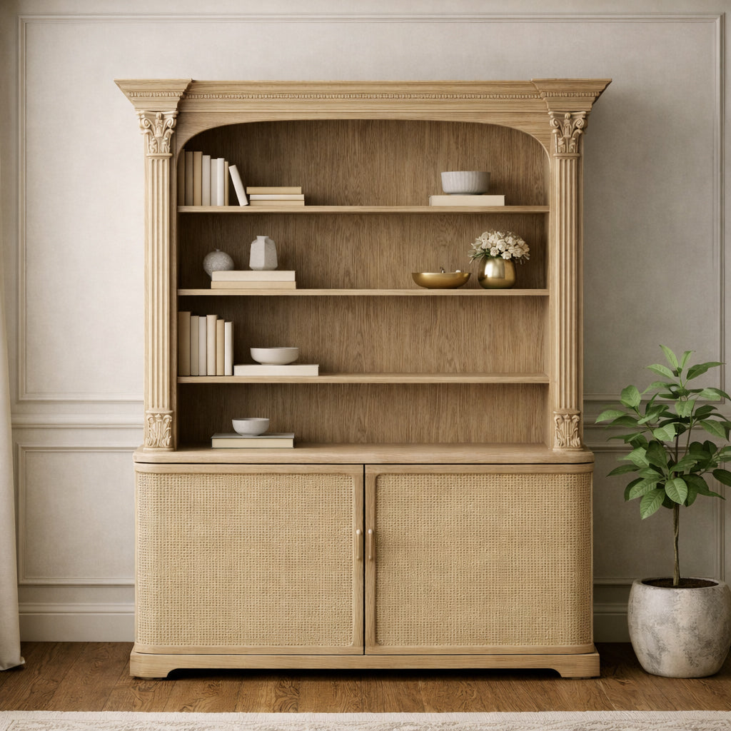 Rattan Front French Column Bookcase with Cupboard