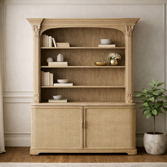 Rattan Front French Column Bookcase with Cupboard