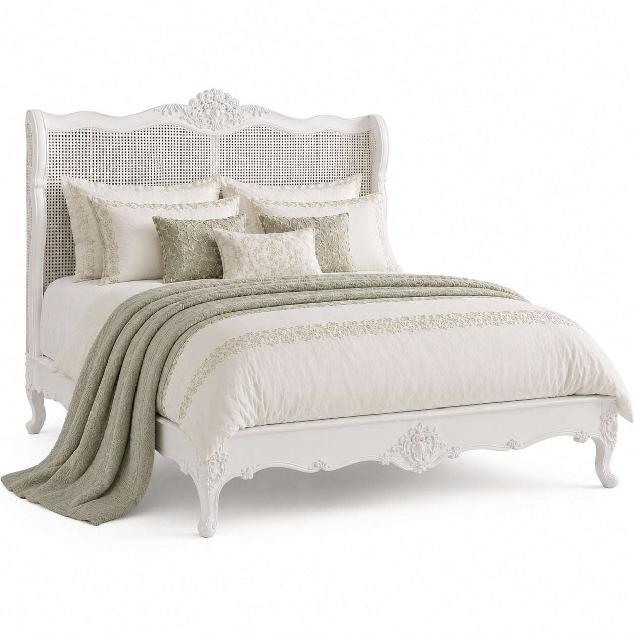 Versailles Curved French Rattan Bed - White
