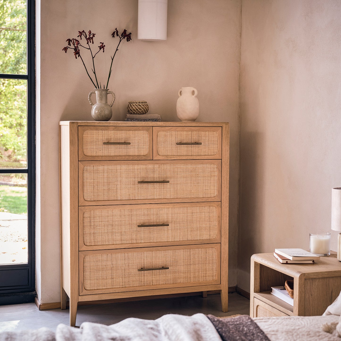 Willis Gambier Casera Oak Rattan Front Tall Chest