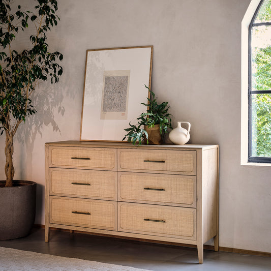 Willis Gambier Casera Oak Rattan Front 6 Drawer Chest