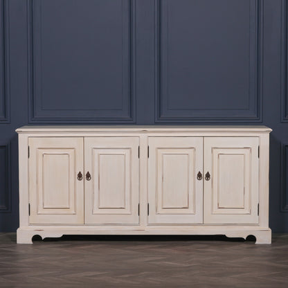 Distressed Aged White Brush Painted Classical Sideboard